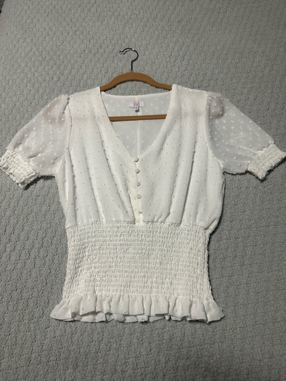 White Smocked Peplum Button Front Blouse